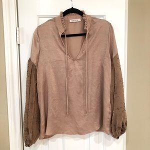 WANDERLUX Beige Silky Top with Sheer Sleeves L